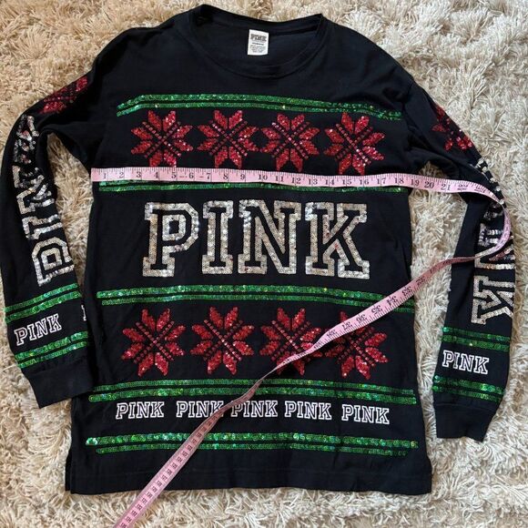 🎄 Victoria's Secret‎ PINK Sequin Bling Holiday Christmas Long Sleeve Tee Size S - Picture 10 of 10